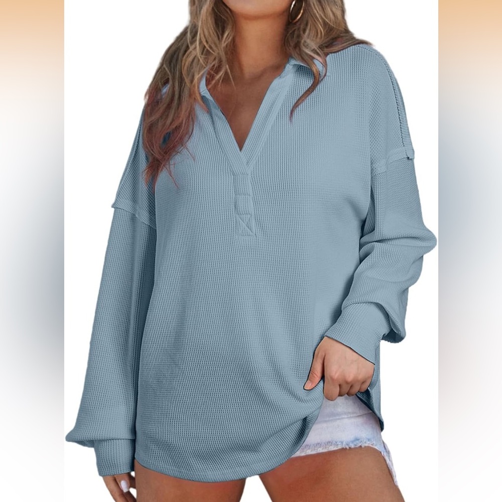 Blue Waffle Knit v-neck long sleeve shirt